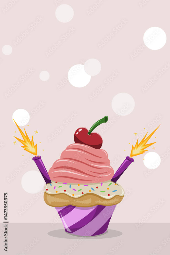 Colorida ilustración de un delicioso cupcake con cobertura rosada tipo helado, cereza en la cima, chispas de colores, fondo con burbujas blancas y dos bengalas encendidas en los lados.