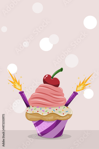 Colorida ilustración de un delicioso cupcake con cobertura rosada tipo helado, cereza en la cima, chispas de colores, fondo con burbujas blancas y dos bengalas encendidas en los lados.