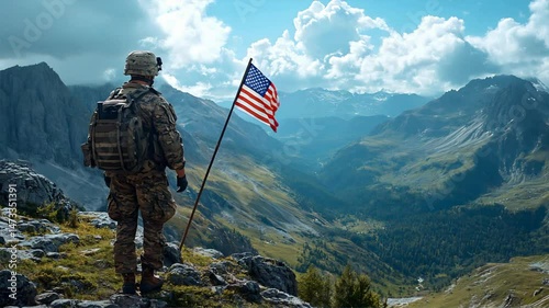 The soldier waving american flags on the top of the mountain