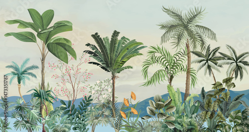 Garden Illustration, Tropical Garden Mural Wallpaper, Tropical Tree, Wallpaper.