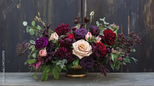 A floral bouquet in dark red, deep violet, and burgundy against a moody backdrop.