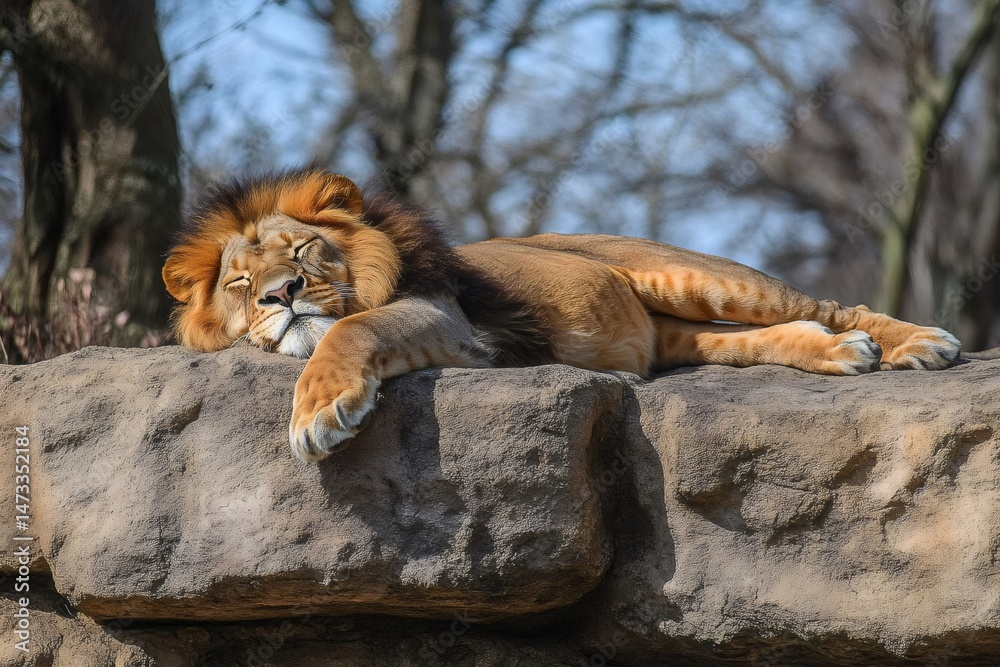 Naklejka premium Majestic lion sleeping peacefully on a rock in a zoo