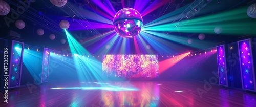 Empty dance floor, vibrant disco ball lights, celebratory atmosphere, vibrant, lights