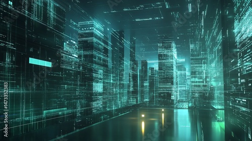 Digital Cityscape: Futuristic Grid of Data and Architecture in Cyan Light