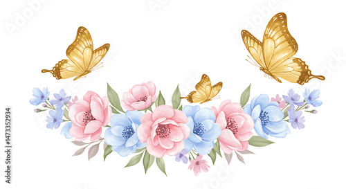 Floral Arrangement with Butterflies Watercolor Style Design Element