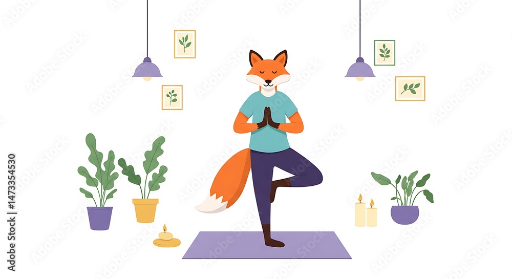Naklejka premium Fox Character Practicing Tree Yoga Pose in Serene Interior Setting Illustration