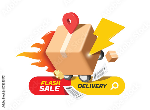 Parcel box or cardboard box with wheels resembling truck running at high speed with thunder icon next to it to convey flash sale promotion, vector 3d isolated for delivery and online shopping concept