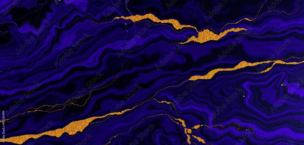 Obraz premium Dark purple & black abstract art; swirling marble, agate textures, gold glitter, graphic, art