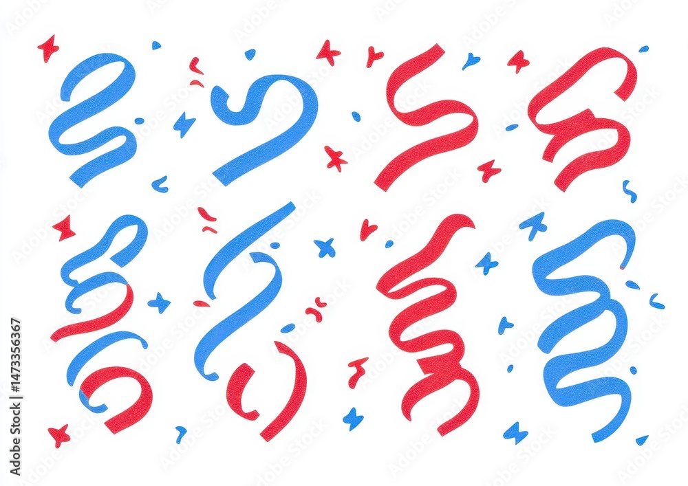 Obraz premium Festive ribbons and confetti in red and blue, playful swirls and heart shapes on a white background