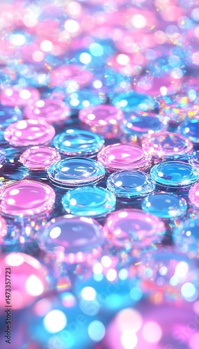 A close-up of iridescent pink and blue circular objects