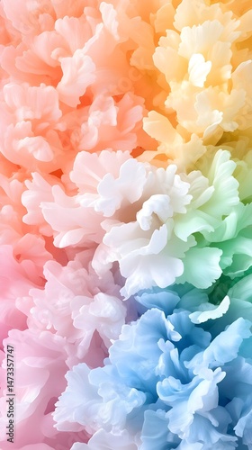 A close-up shot of a vibrant rainbow of flowers, with soft pastel hues