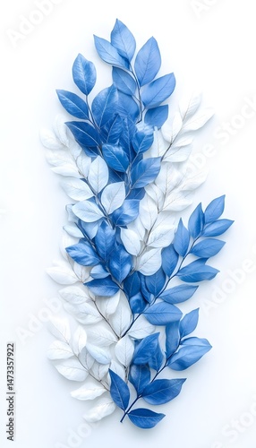A cluster of blue and white leaves arranged vertically against a white background