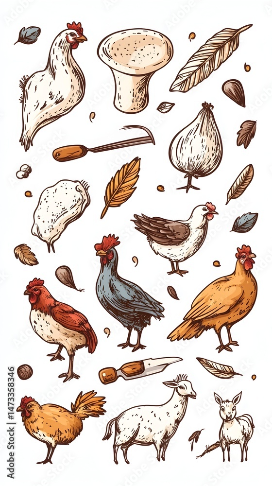 A colorful illustration featuring various farm animals, including chickens, a sheep, and a mushroom A colorful illustration featuring various farm animals, including chickens, a sheep, and a mushroom