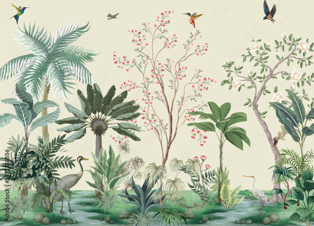 custom made wallpaper toronto digitalGarden Illustration for wall Print, Wall Murals, Mughal Garden Illustration, Birds, Peacock.