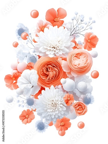 A delicate bouquet of white and coral flowers with pearl-like orbs scattered around, creating a whimsical and elegant composition