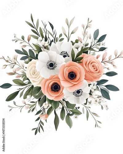 A delicate bouquet of white and peach roses with white anemones and greenery