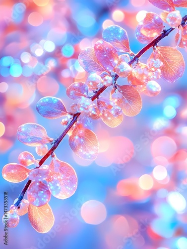 A delicate branch of leaves with a soft, pastel pink and blue glow