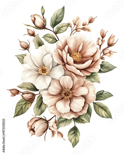 A delicate watercolor bouquet of white and blush roses with green leaves and buds