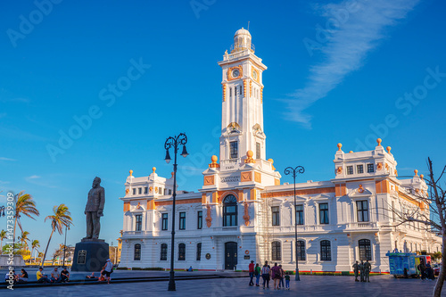 View of Faro Venustiano Carranza, historic 1902 neoclassical building on the Gran Plaza del Malecon at Veracruz, Mexico.