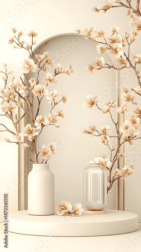 A minimalist still life featuring a white vase filled with delicate, pale-pink blossoms against a backdrop of a white archway