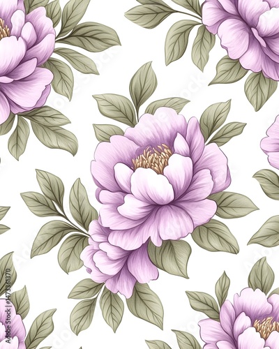A seamless pattern of delicate lavender peonies with green leaves on a white background