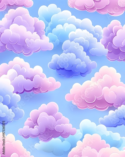 A seamless pattern featuring fluffy pink and blue clouds against a light blue sky