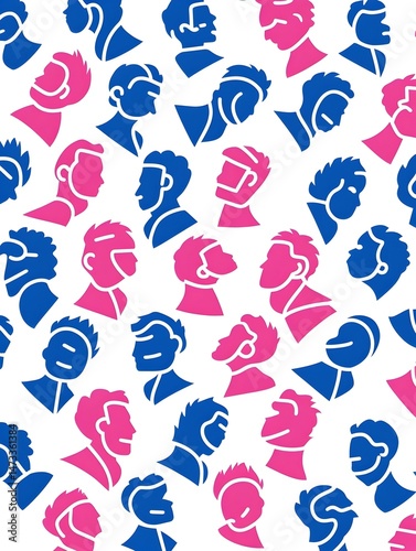 A seamless pattern of pink and blue profile silhouettes of men with various hairstyles