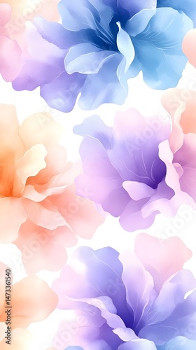 A seamless pattern of pastel-colored flowers, with soft petals overlapping on a white background