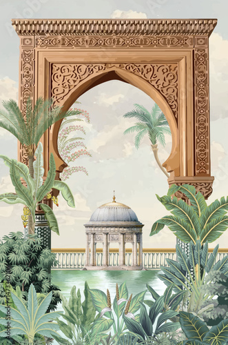 Mughal Garden Illustration, Mughal Arch, Mughal Wedding card, Dome, Mughal Wedding Wallpaper.
