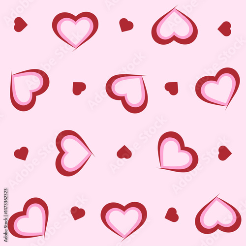 Patrón vectorial repetitivo con corazones rojos y rosas sobre fondo rosa claro. Diseño romántico ideal para San Valentín, tarjetas de amor, papelería decorativa, fondos digitales.
