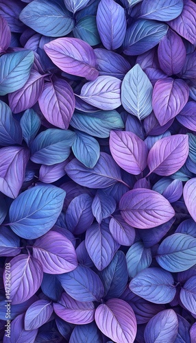 A vibrant, close-up view of a dense cluster of leaves in shades of blue and purple