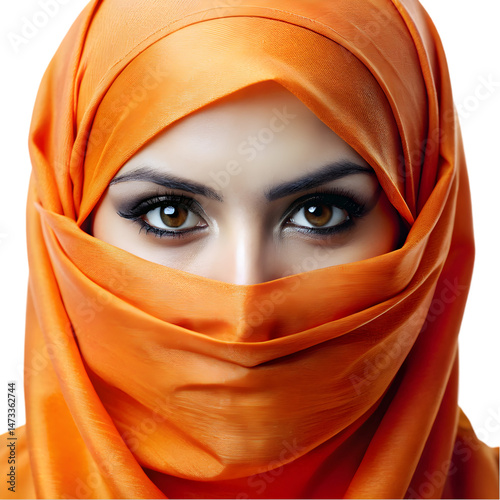 close up of Arab woman covering face with orange veil isolated on transparent background