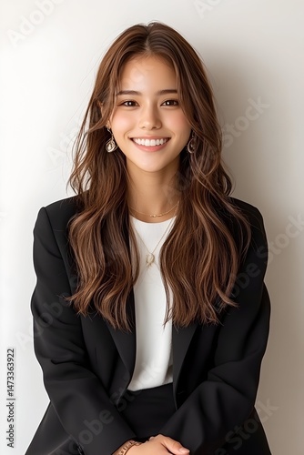 A young woman with long, dark hair smiles brightly while wearing a black blazer and white shirt