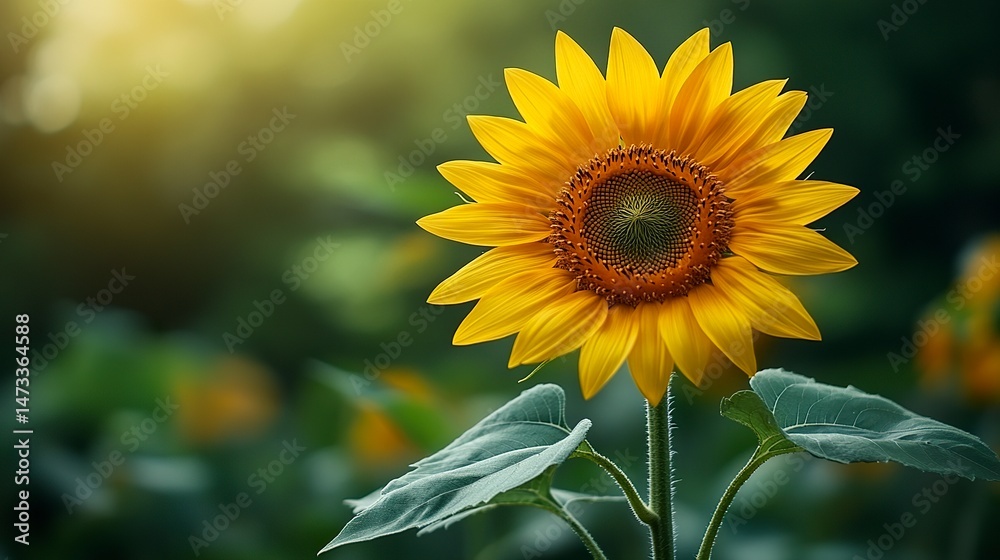 Naklejka premium Yellow sunflower with green stem and leaves, natural summer symbol