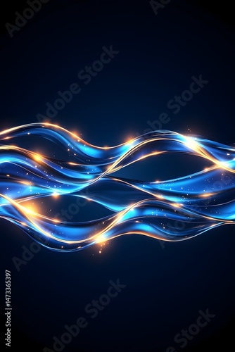 Two glowing blue waves with sparkling gold particles against a dark blue background