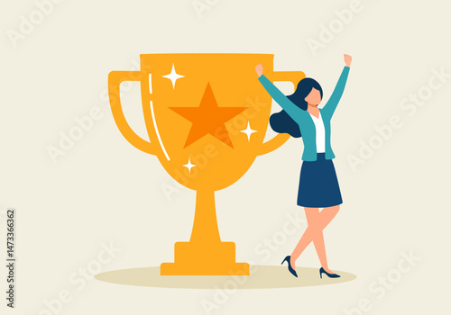 Winners, businesswoman get awards, entrepreneurs get promotions, smart employee get big trophy. Successful businesswoman.