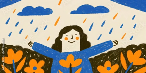 Wallpaper Mural Illustration of woman enjoying rain in flower garden spring weather art , hand drawing. Torontodigital.ca
