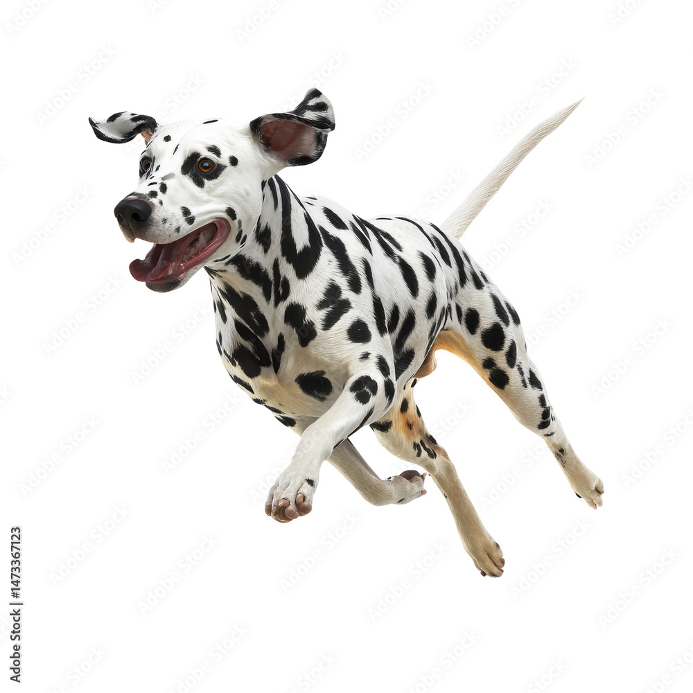 A dalmatian dog joyfully running, showcasing its distinctive spotted coat and energetic nature. Its playful spirit is evident in every stride A dalmatian dog joyfully running, showcasing its distinctive spotted coat and energetic nature. Its playful spirit is evident in every stride