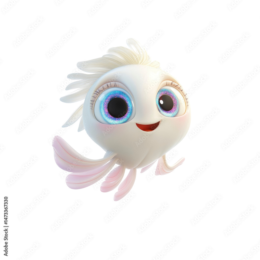 Obraz premium Adorable 3D Animated Baby Fish with Big Eyes, Sparkling Fins and Blonde Hair