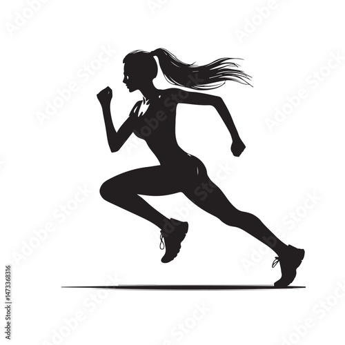 "Silhouette of a Sportswoman Running" "Active Sportswoman Running Silhouette" "Running Woman Silhouette in Motion"	