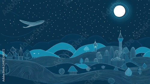 Wallpaper Mural Nighttime landscape with stylized buildings, rolling hills, and a plane flying overhead, lit by moonlight Torontodigital.ca