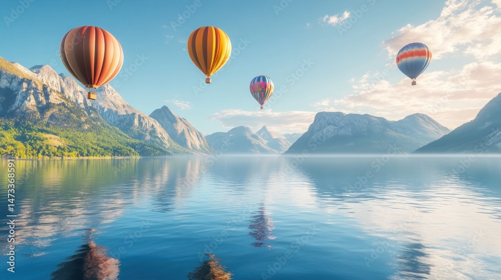 Fototapeta premium Colorful hot air balloons over a serene lake and mountains