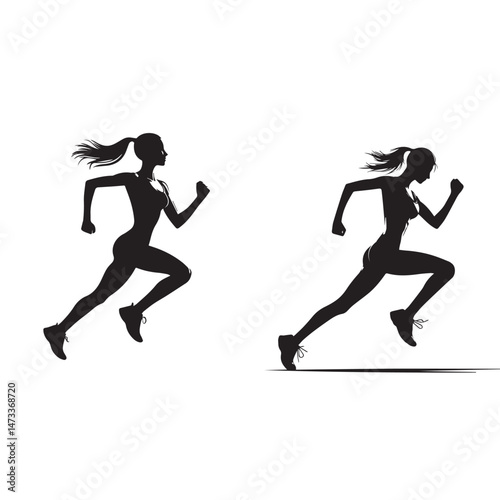 "Silhouette of a Sportswoman Running" "Active Sportswoman Running Silhouette" "Running Woman Silhouette in Motion"	