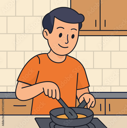 PrintCartoon illustration of a young man cooking in the kitchen. He is stirring food in a frying pan on the stove, wearing a casual orange shirt and smiling. Ideal for concepts of home cooking