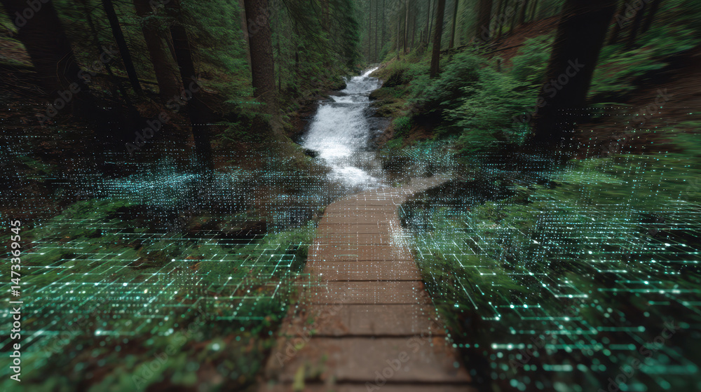 Obraz premium Serene forest path with flowing stream, enhanced by digital elements representing data and technology, creates harmonious