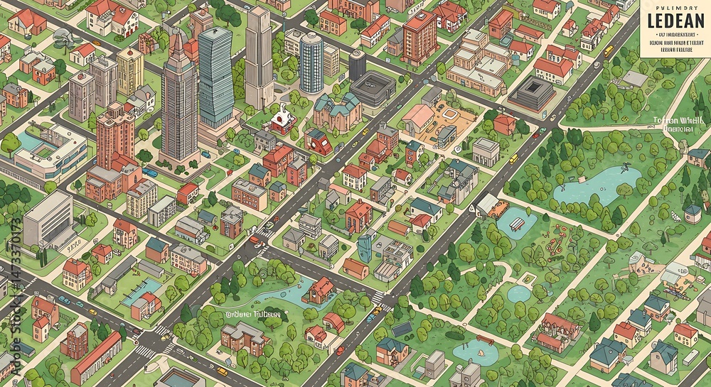 Fototapeta premium Isometric Cityscape: A Vibrant Illustrated Map of Campus Life