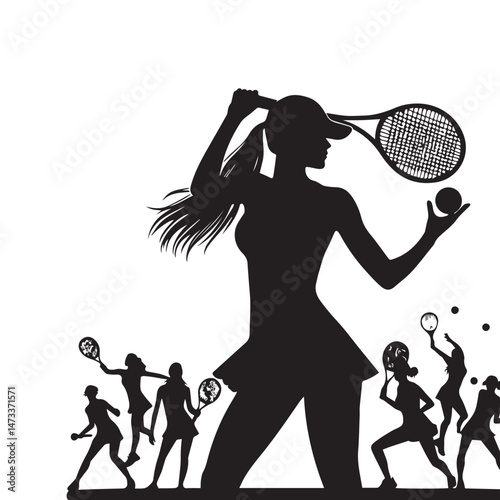 tennis girl team silhouette,tennis player silhouette girl ,girl playing tennis silhouette	
