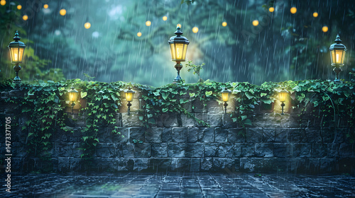 an ancient stone castle wall with glowing lantern photo