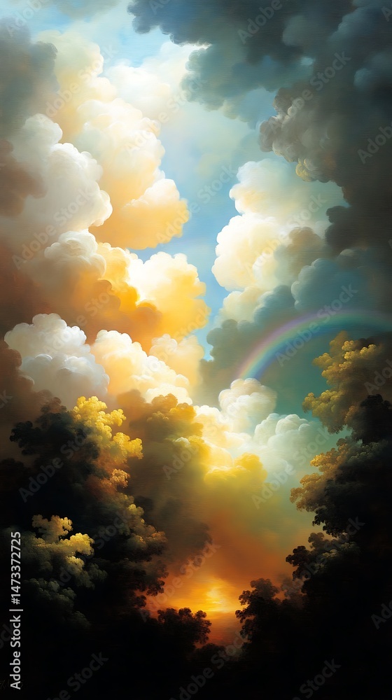 Fototapeta premium Dramatic Sunset Sky with Rainbow over Dark Trees Golden Cloudscape Painting Art Print