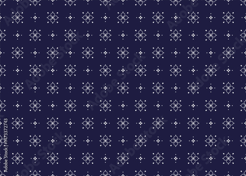 Seamless white floral blooming on dark blue background, ethnic fabric seamless pattern, design for cloth, carpet, batik, wallpaper, wrapping etc.